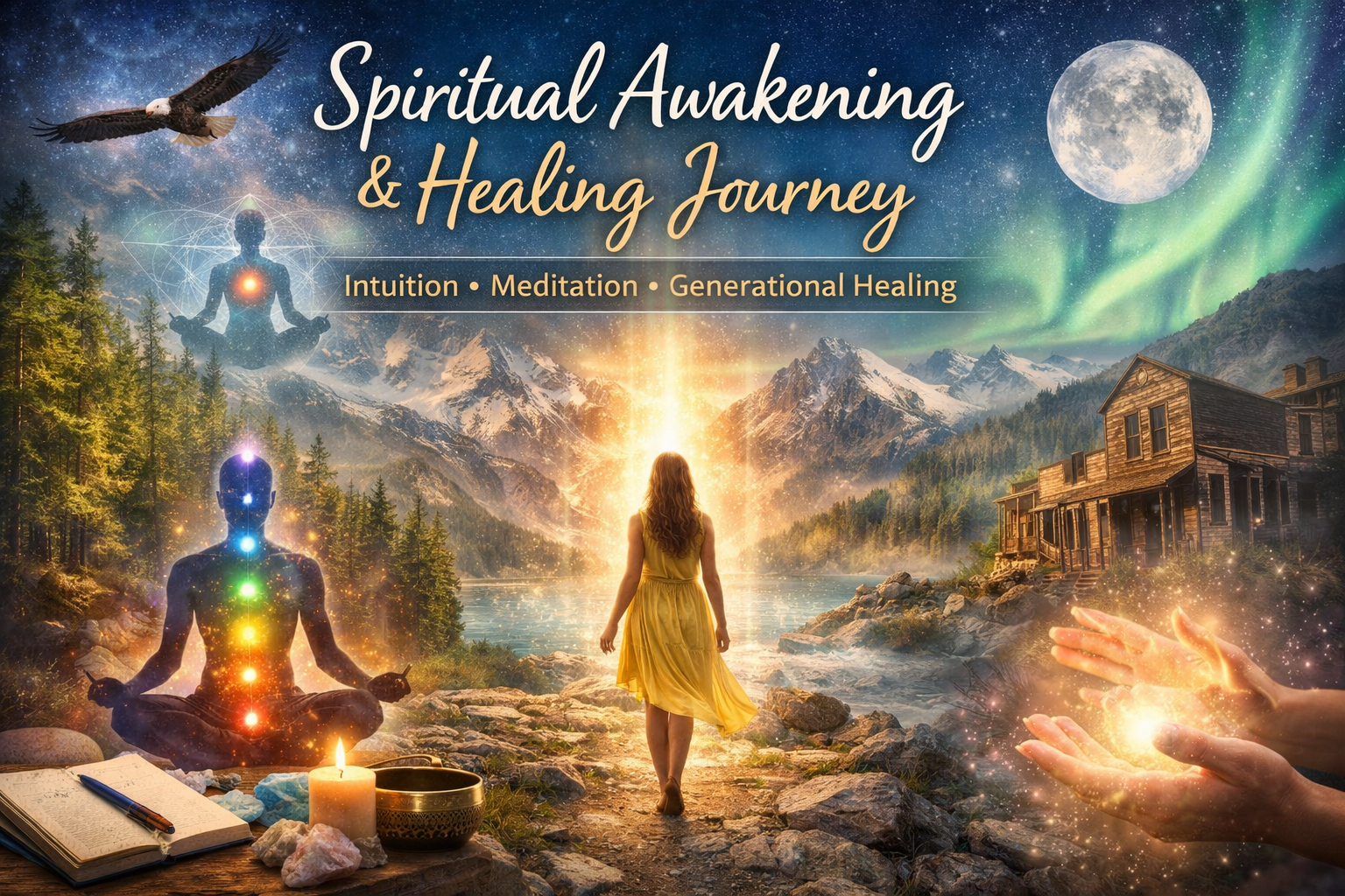 Spiritual awakening journey with guided meditation, intuition, and generational healing symbolism